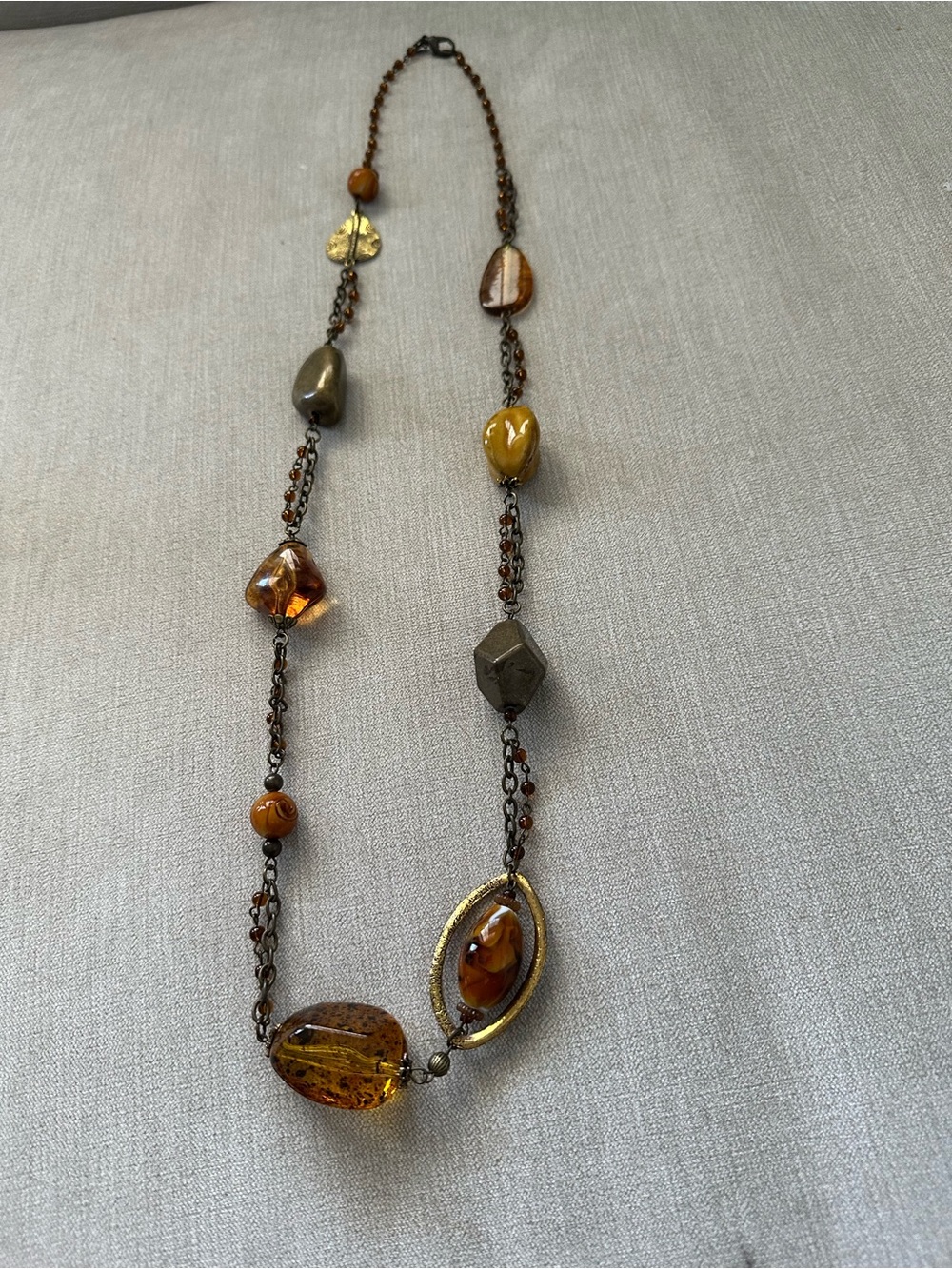 Amber-Tone & Antique Brass Long Beaded Statement Necklace